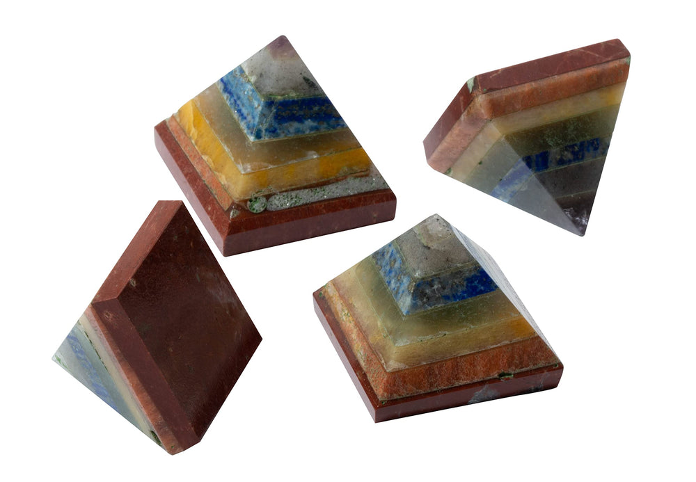 The Chrysalis Stone multi-color chakra pyramid variation highlights natural crystals and artisanal craftsmanship.