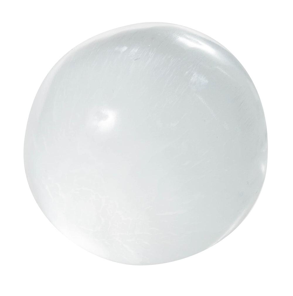 The Chrysalis Stone selenite sphere ambient-light shot conveys serene home energy cleansing