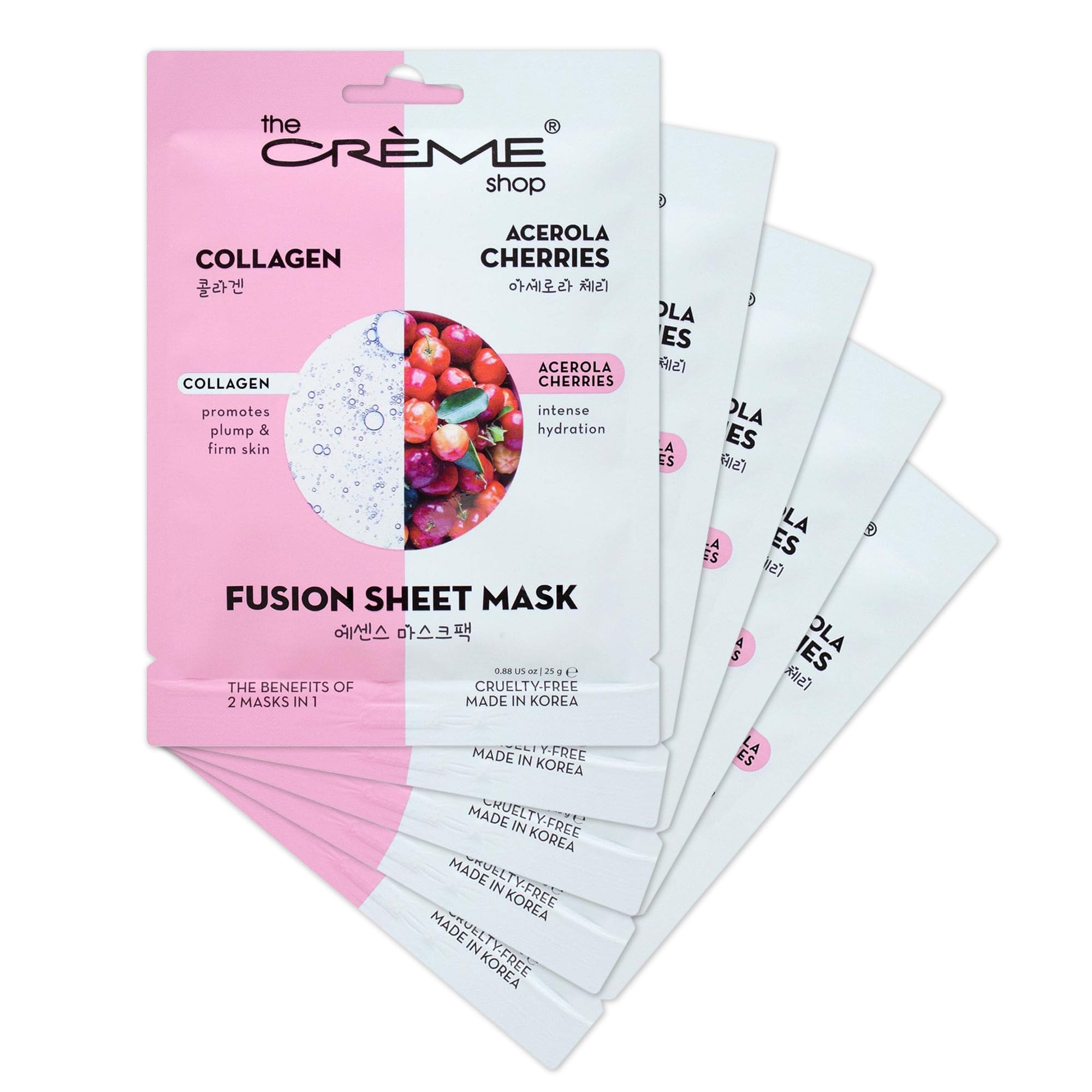 The Crème Shop collagen-acerola fusion sheet mask 5-pack front view for spa-like hydration
