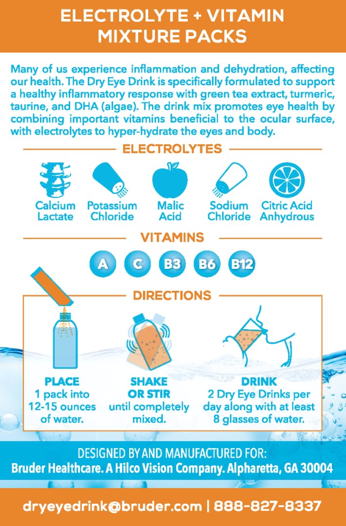The Dry Eye Drink orange packet glass presents a refreshing sugar-free beverage.