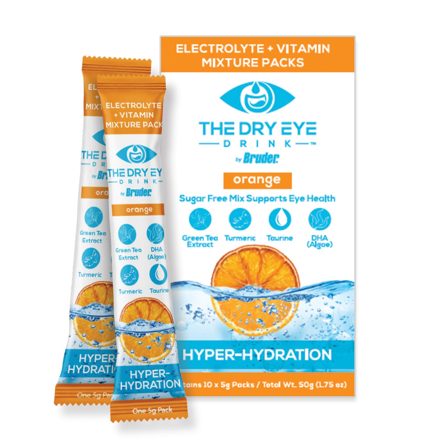 The Dry Eye Drink orange packet being poured for fast on-the-go hydration.
