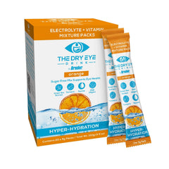 The Dry Eye Drink orange packet pour shows quick hydration with electrolytes.