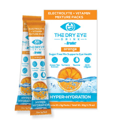 The Dry Eye Drink orange packet being poured for fast on-the-go hydration.