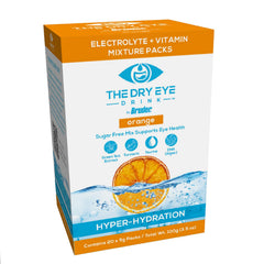The Dry Eye Drink orange packet stir highlights fast electrolyte absorption.