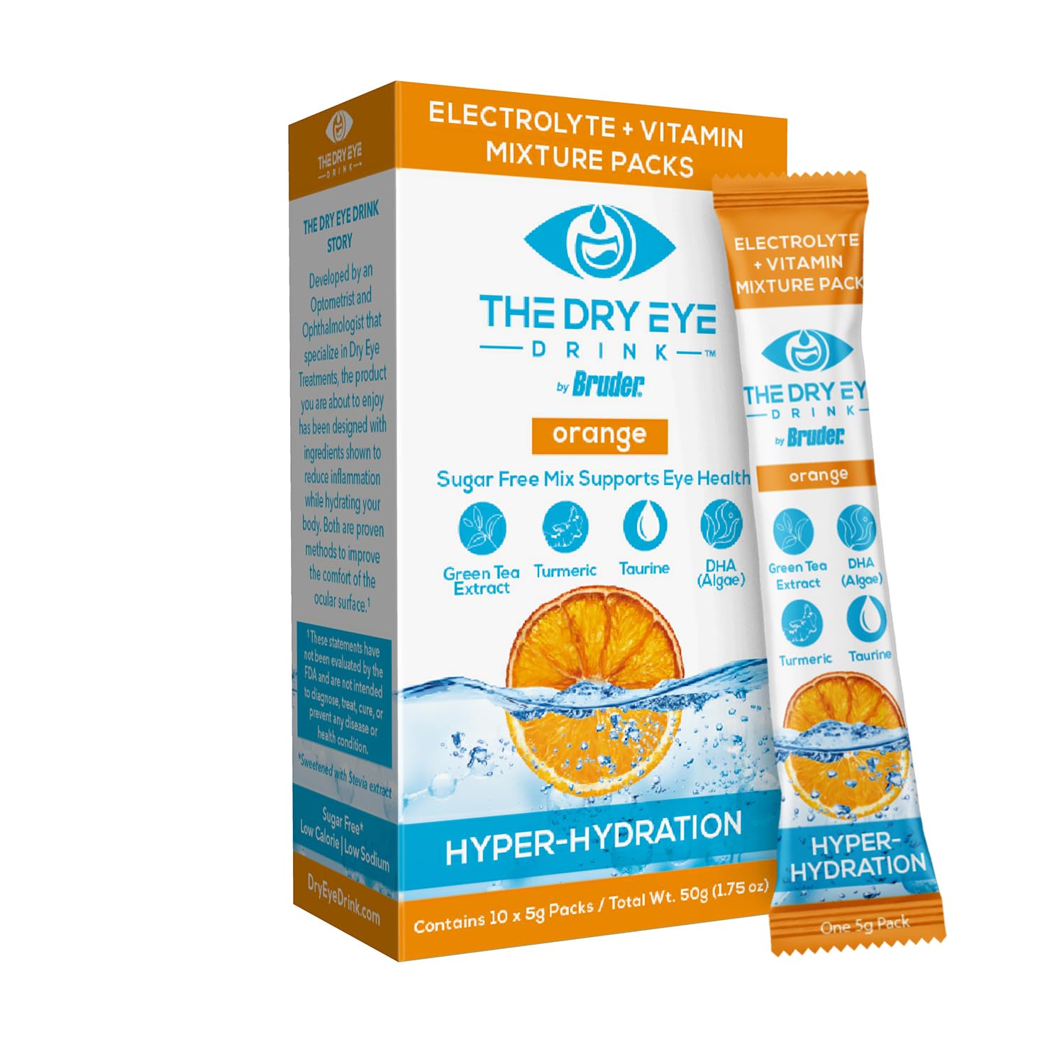 The Dry Eye Drink orange powder dissolving in water for refreshing hydration.
