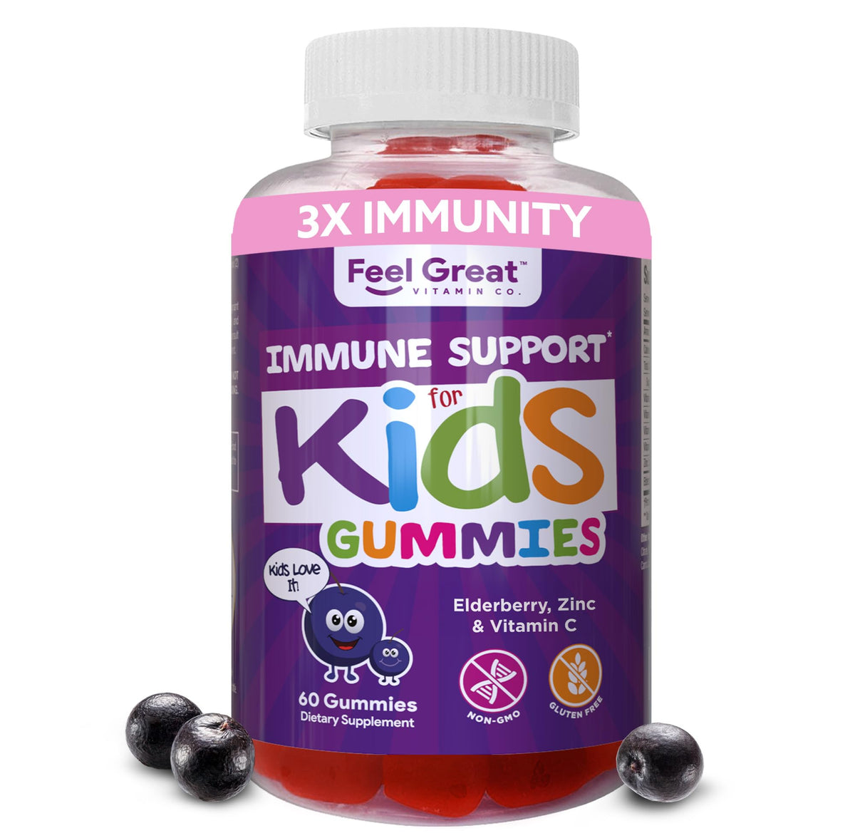 The Feel Great immunity kids bottle pour showcases a tasty, vitamin-packed chew for daily support.
