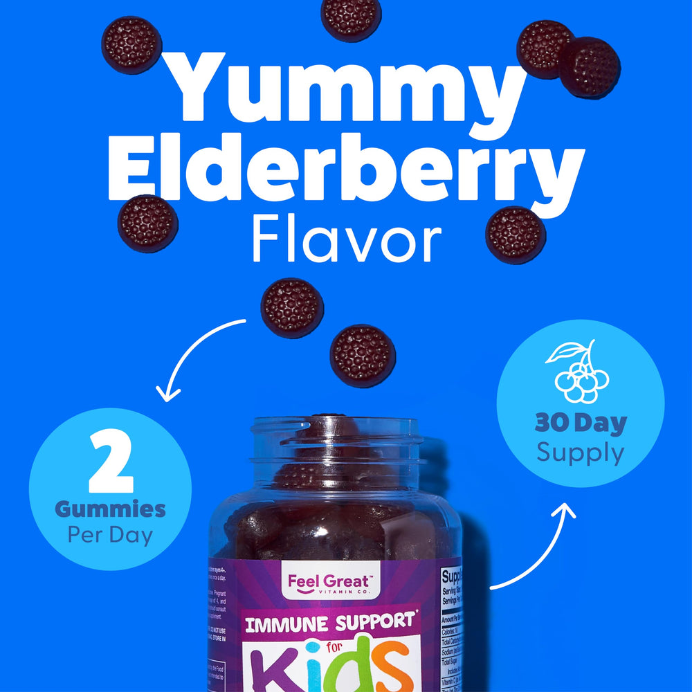 The Feel Great immunity kids elderberry label suggests Sambucus nigra inspired flavor notes.