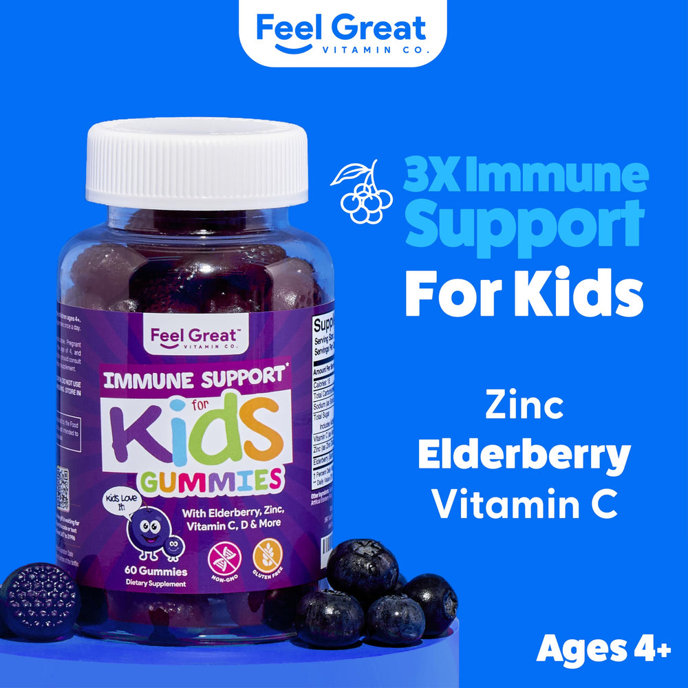 The Feel Great immunity kids gummies closeup highlights vitamin C and elderberry benefits.
