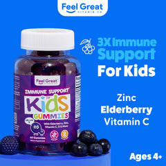 The Feel Great immunity kids gummies closeup highlights vitamin C and elderberry benefits.