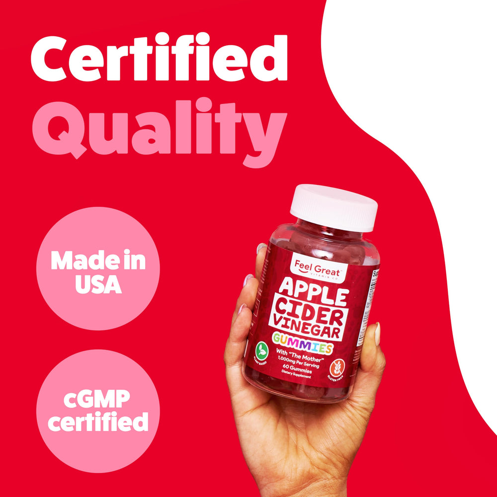 The Feel Great Vitamins ACV Gummies bottle highlights vegan and non GMO ingredients