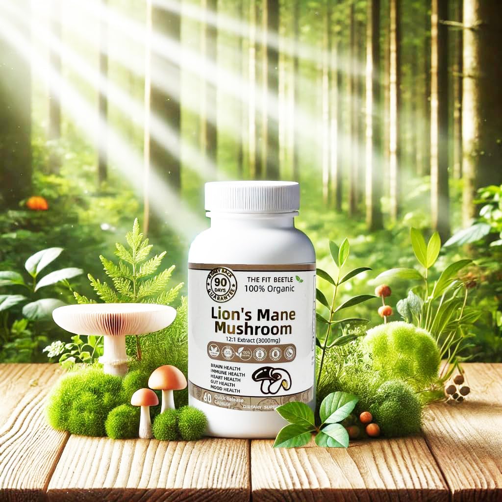 The Fit Beetle Lions Mane bottle back label reveals 12:1 extraction and high potency.