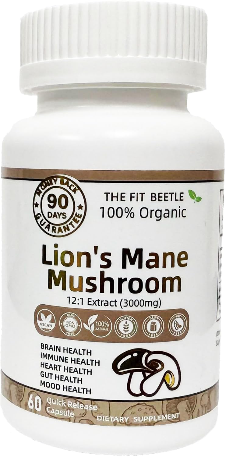 The Fit Beetle Lions Mane bottle front shows vegan, gluten-free purity for daily use.