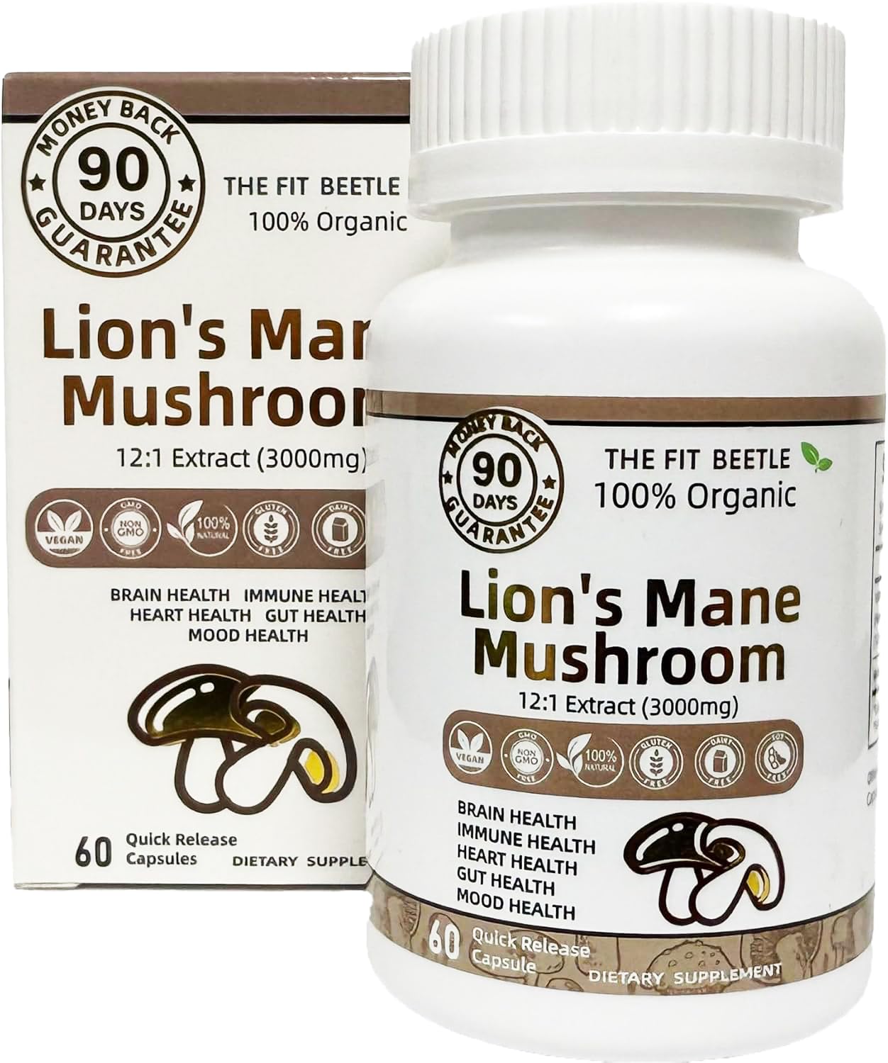 The Fit Beetle Lions Mane capsule close-up highlights potent cognitive support for daily vitality.