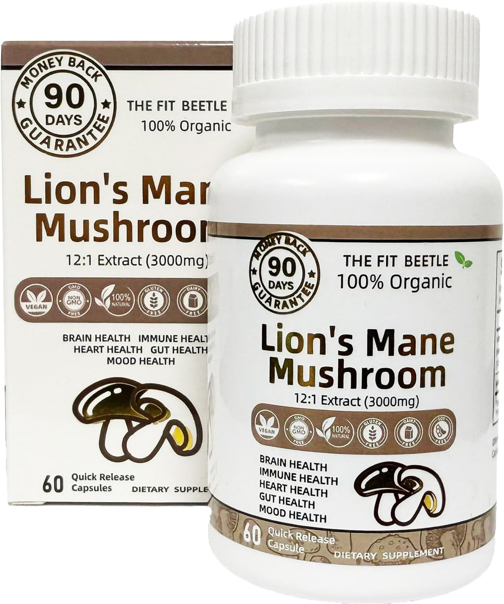 The Fit Beetle Lions Mane capsule close-up highlights potent cognitive support for daily vitality.