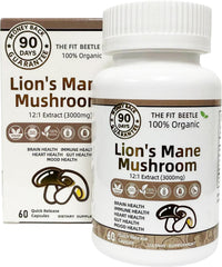 The Fit Beetle Lions Mane capsule close-up highlights potent cognitive support for daily vitality.