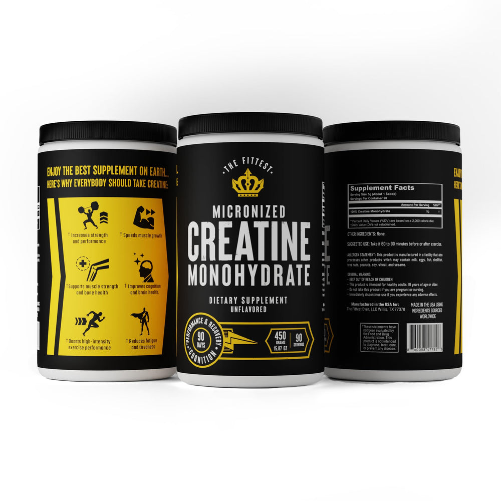 Close-up of The Fittest Ever label highlighting purity and micronized formula