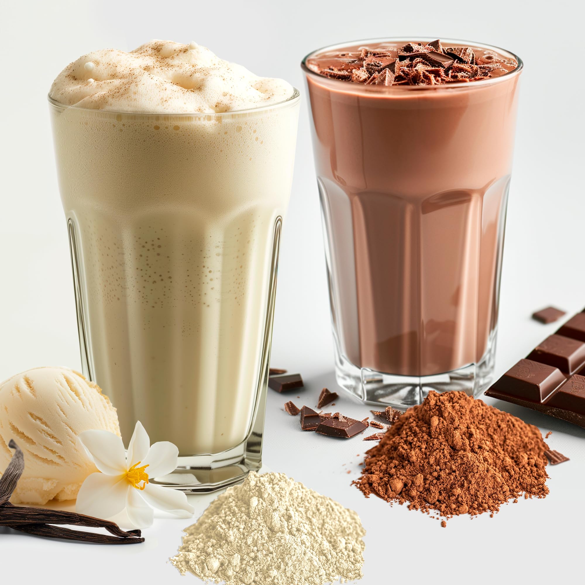 Serving scoop with nutrition panel emphasizing 21g protein per serving