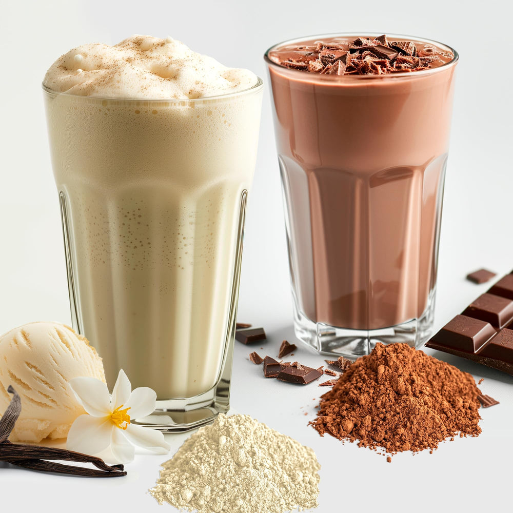 Serving scoop with nutrition panel emphasizing 21g protein per serving