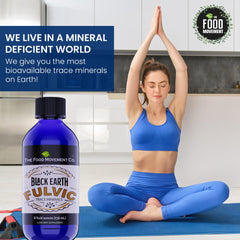 THE FOOD MOVEMENT CO. Fulvic acid bottle with glass emphasizes digestive health support.