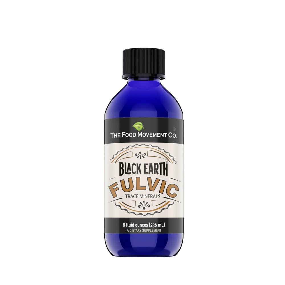 THE FOOD MOVEMENT CO. Vegan-friendly fulvic acid product image conveys safety and purity.