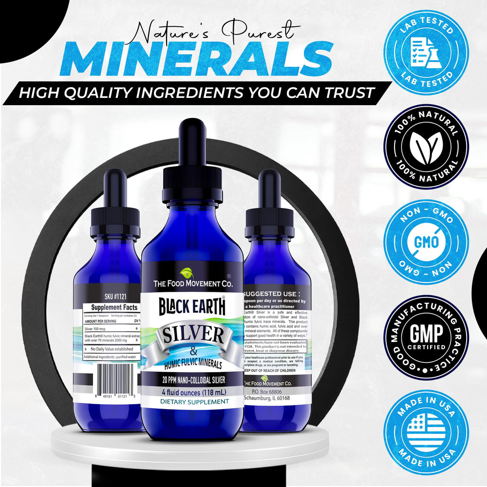 The Food Movement Co. Black Earth Silver dropper pour demonstrates easy daily use.