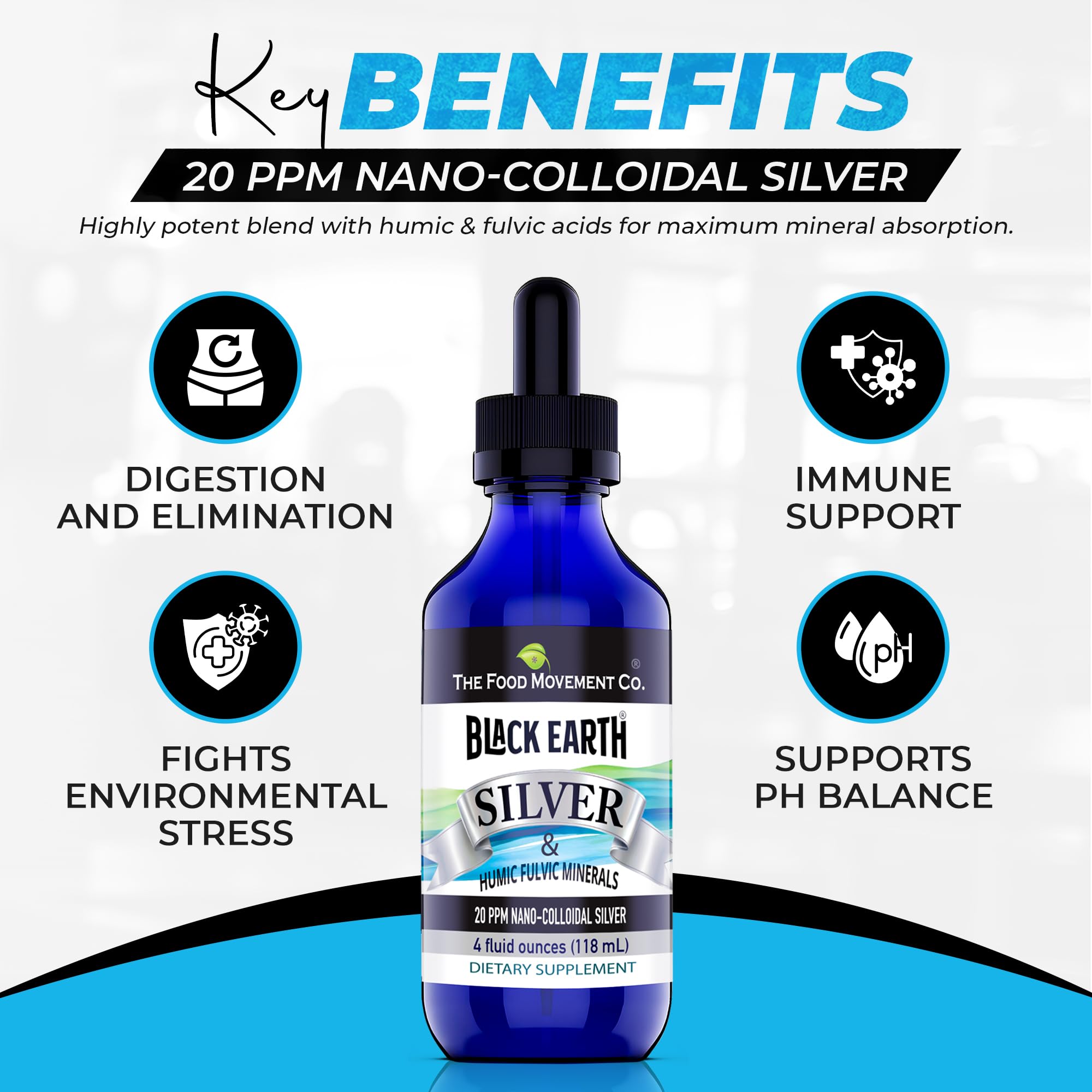 The Food Movement Co. Black Earth Silver nano-particles closeup signals high purity for better absorption.