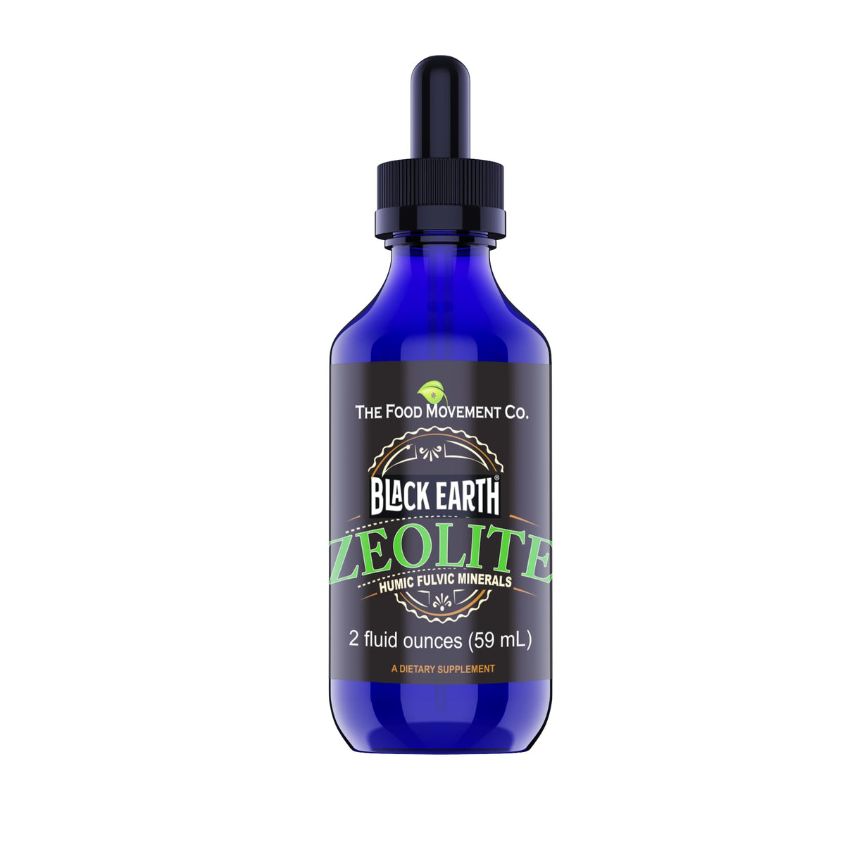 THE FOOD MOVEMENT CO Black Earth Zeolite bottle showing premium mineral supplement for gut health