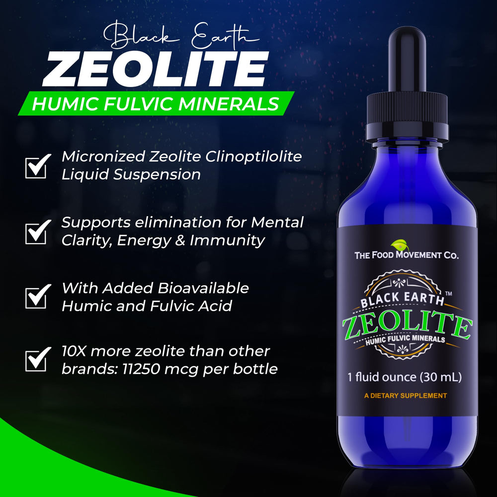 THE FOOD MOVEMENT CO. Black Earth Zeolite dropper pour shows easy daily dosing for adults and kids.