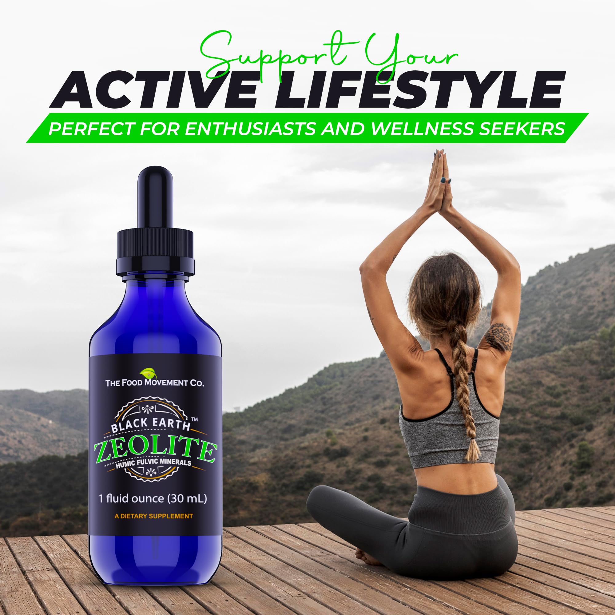 THE FOOD MOVEMENT CO. Black Earth Zeolite label shot conveys purity and tested quality.