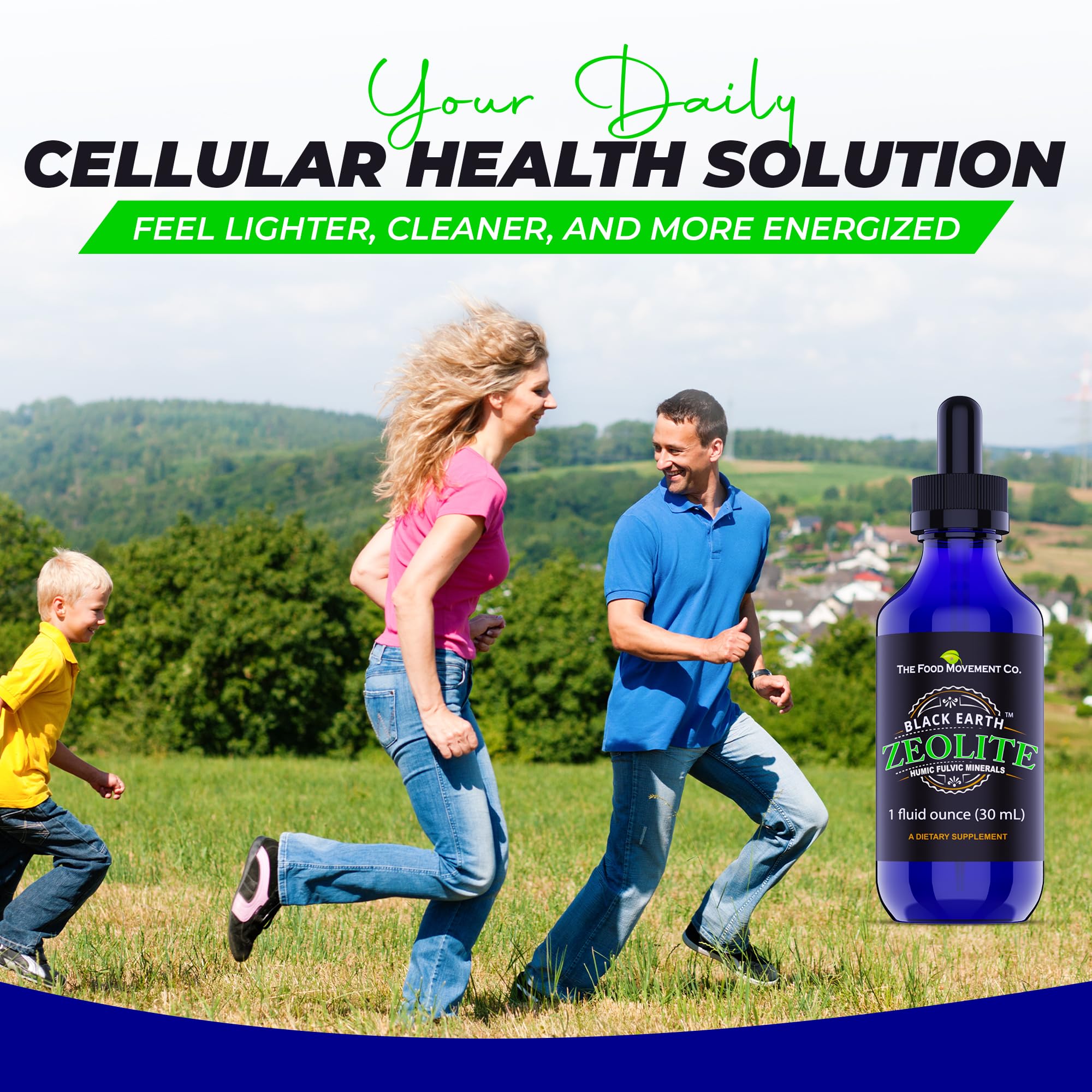 THE FOOD MOVEMENT CO. Black Earth Zeolite label with quality and safety cues.