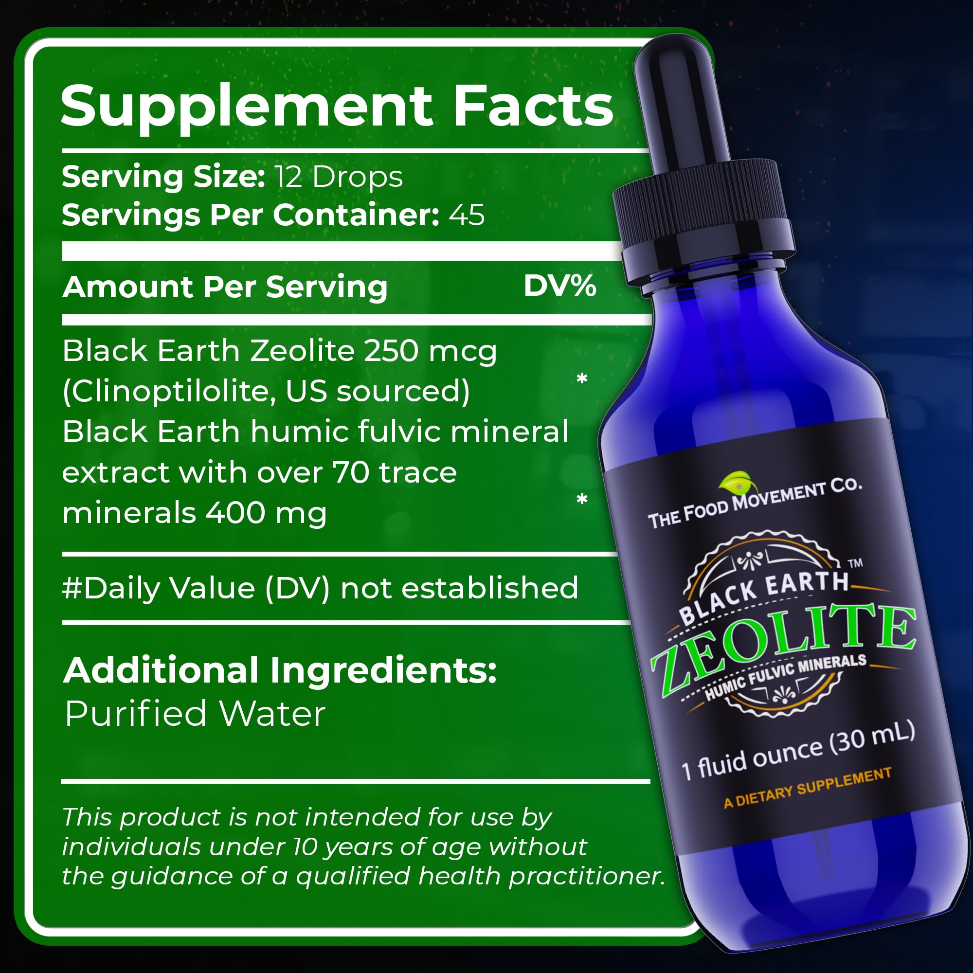 THE FOOD MOVEMENT CO. Zeolite in liquid format emphasizes quick absorption and convenience.