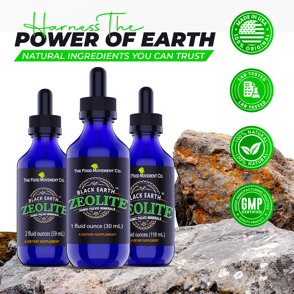 THE FOOD MOVEMENT CO. Zeolite on shelf highlights premium packaging and care.