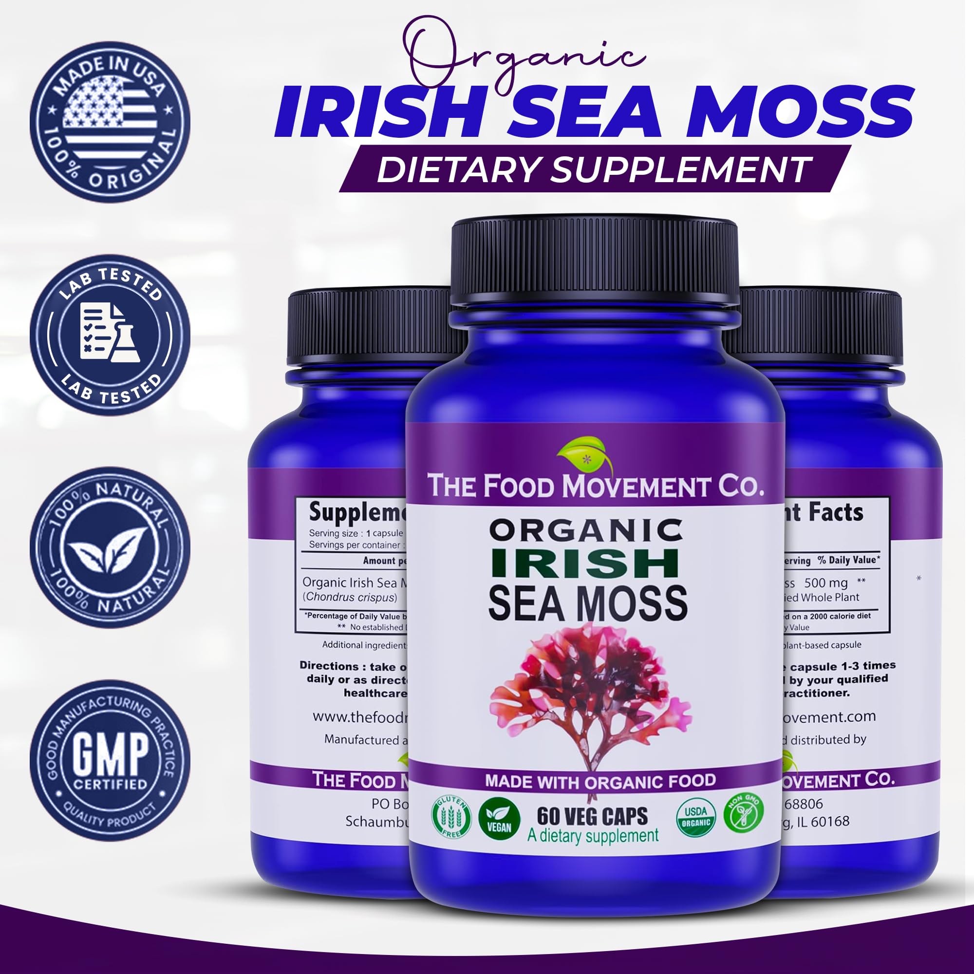 Irish Sea Moss bottle displayed on a shelf for reference.