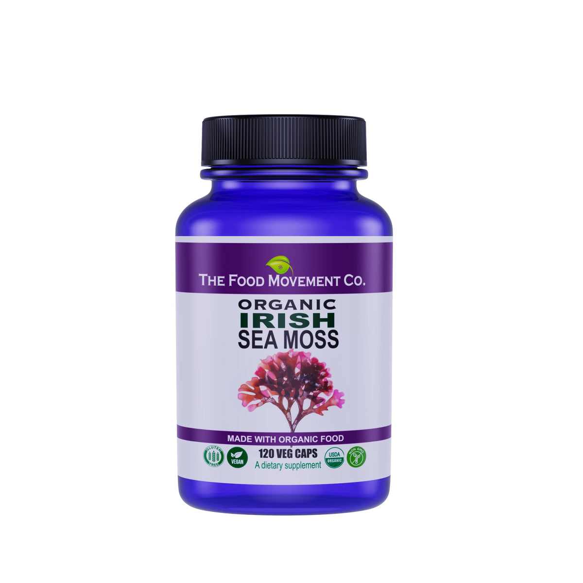 The Food Movement Co Irish Sea Moss bottle with vegan capsules for digestive balance.