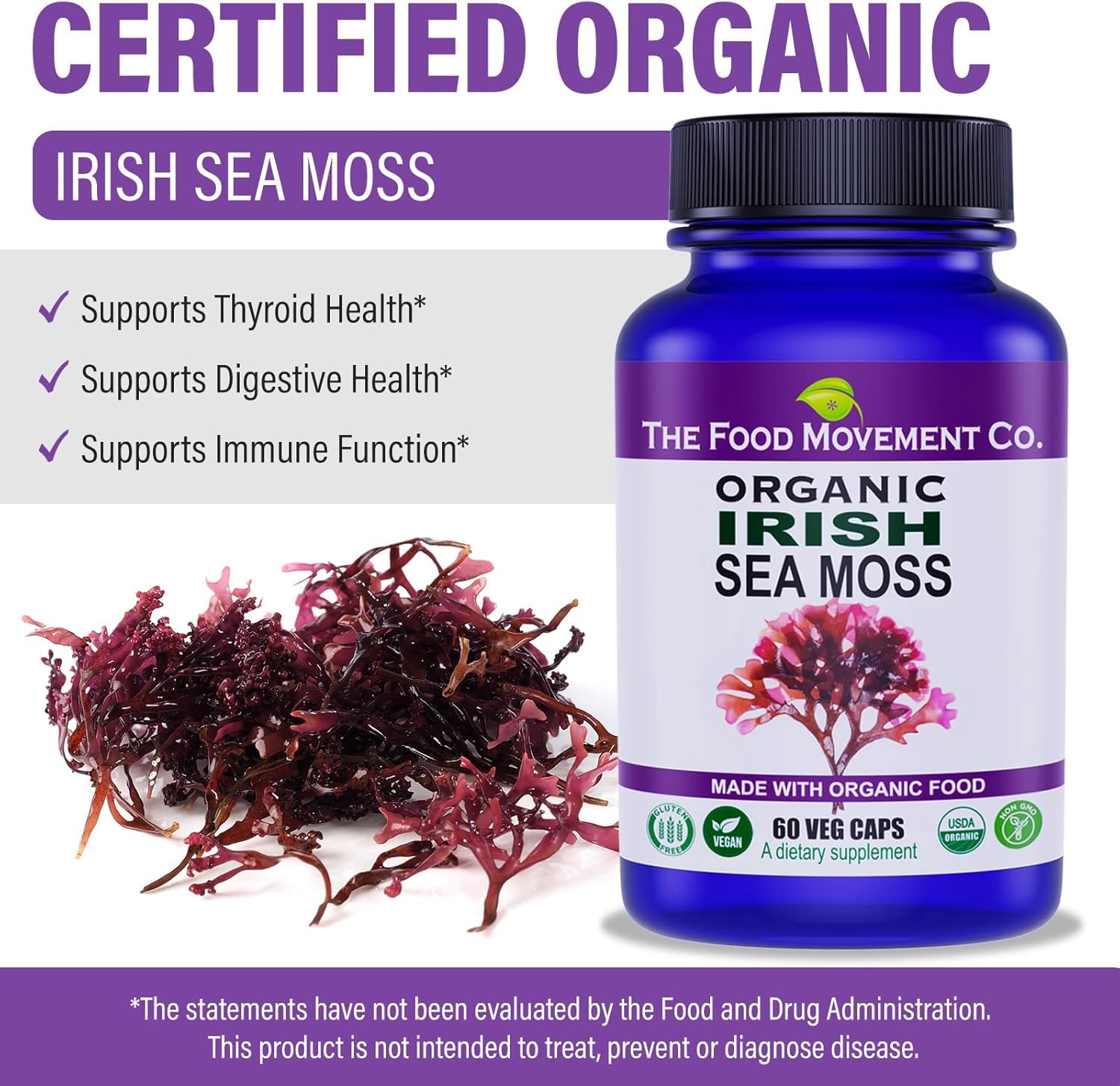 The Food Movement Co Irish Sea Moss ingredients list highlighting 70+ trace minerals.