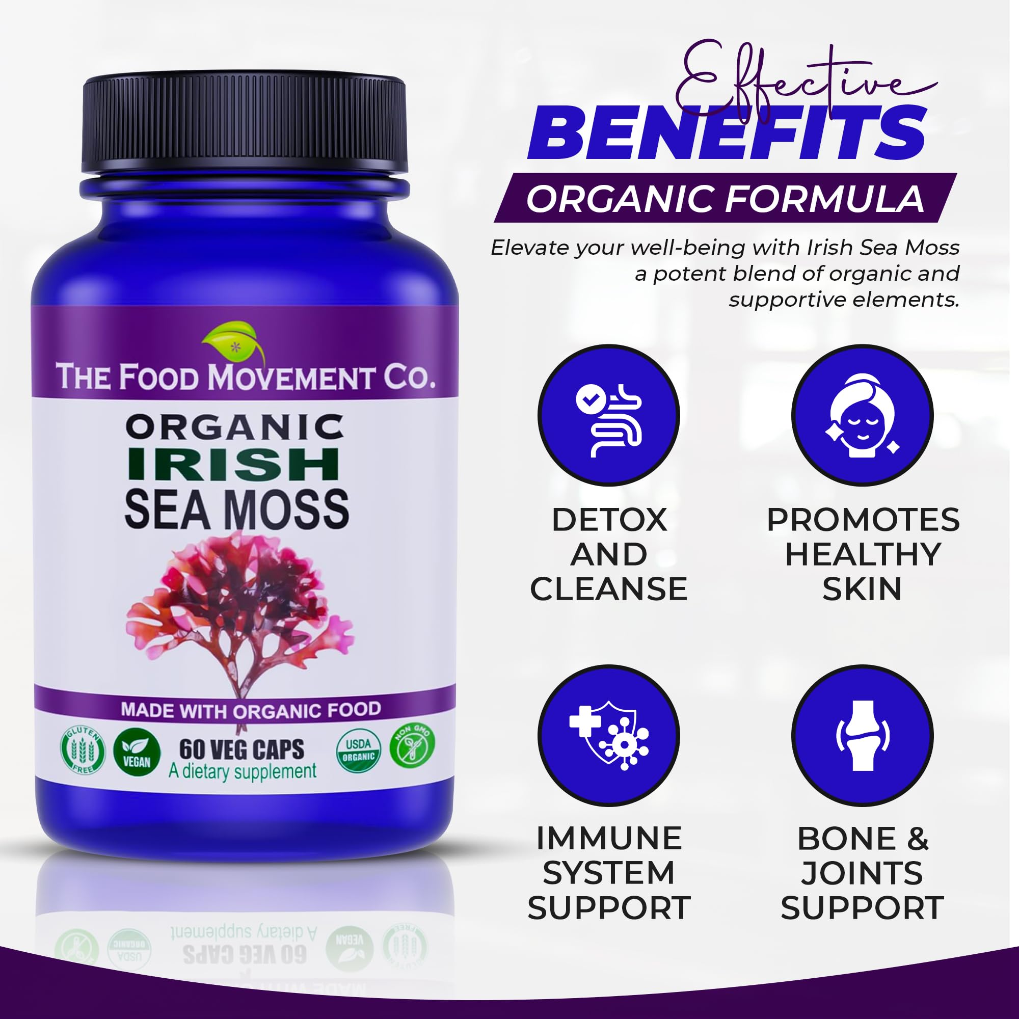 Close-up of The Food Movement Co Irish Sea Moss label showing purity.