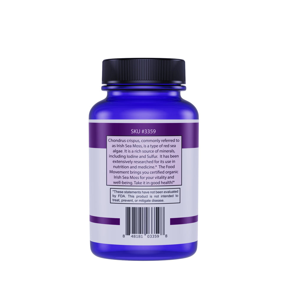 The Food Movement Co Irish Sea Moss label showing organic minerals and purity.