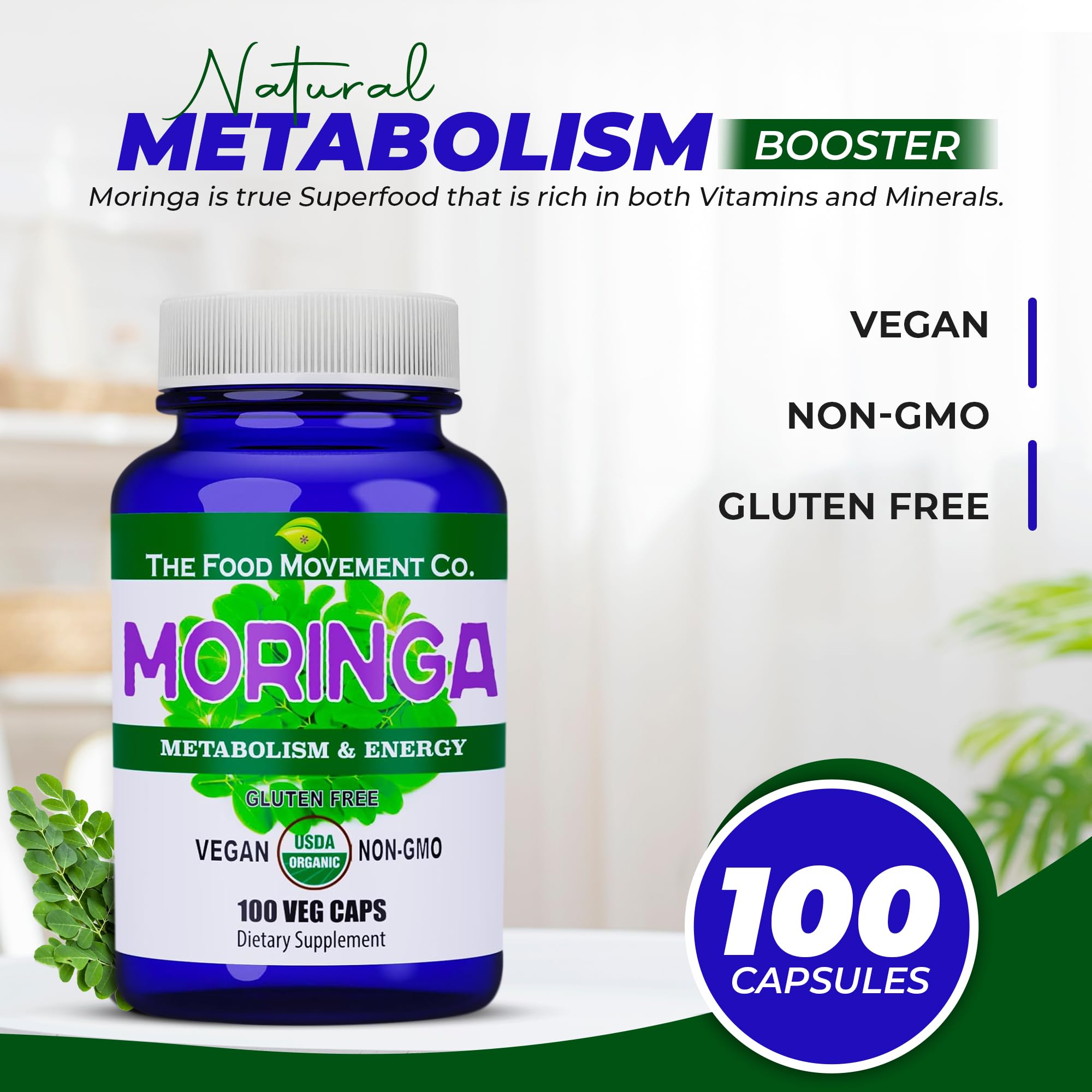 The Food Movement Co Moringa capsules offering metabolism friendly energy