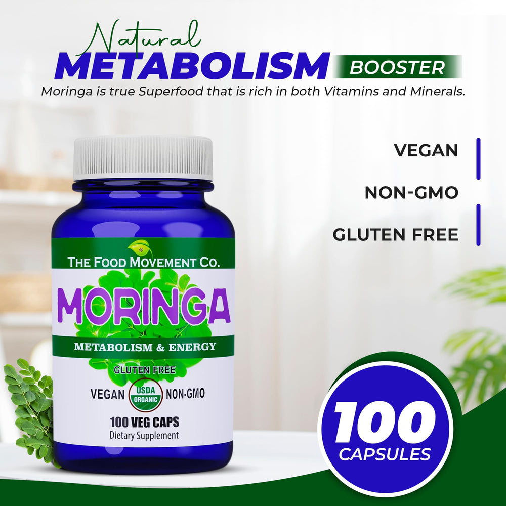 The Food Movement Co Moringa capsules offering metabolism friendly energy