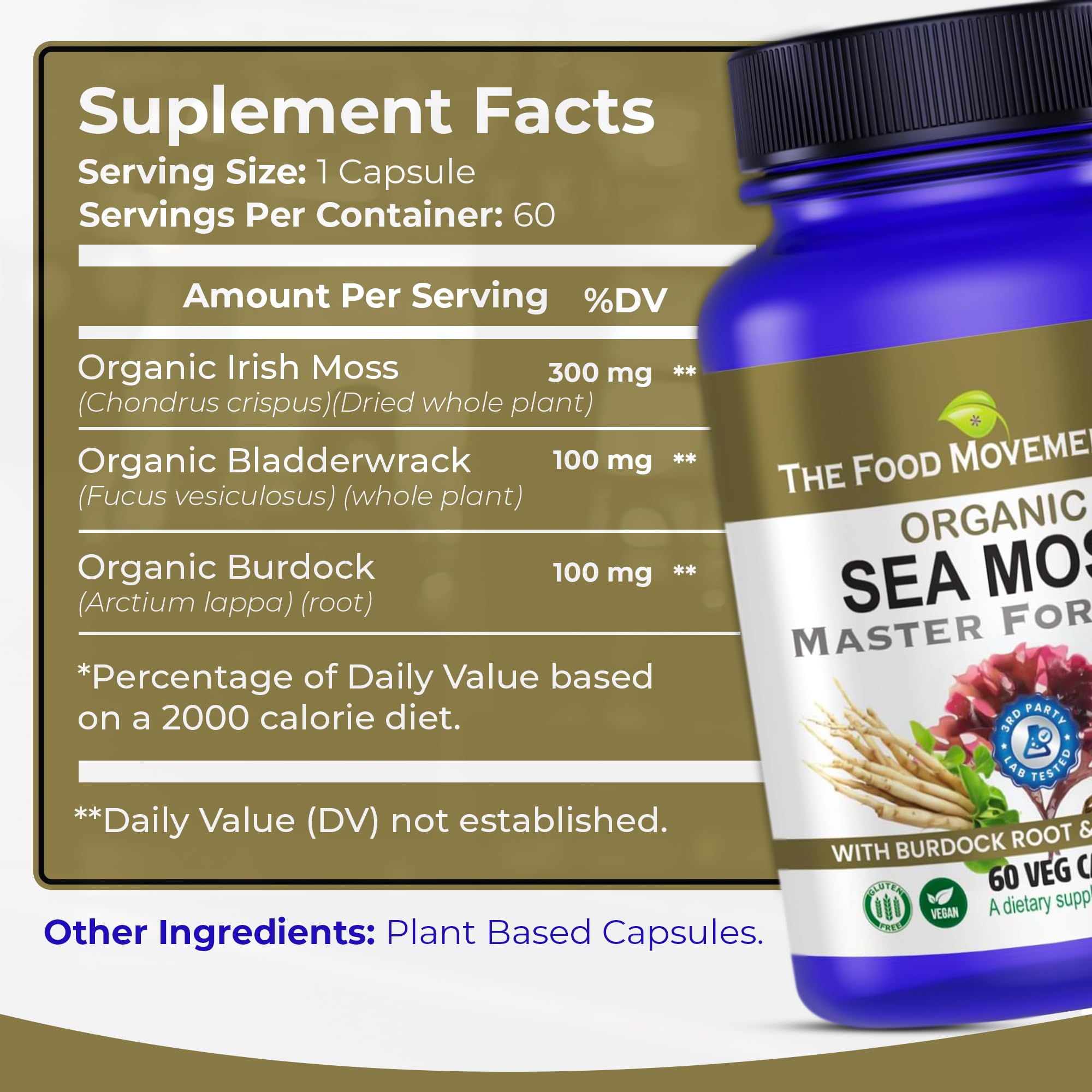 The Food Movement Co. Sea Moss Master Formula bladderwrack artwork suggests natural, sea-grown support.