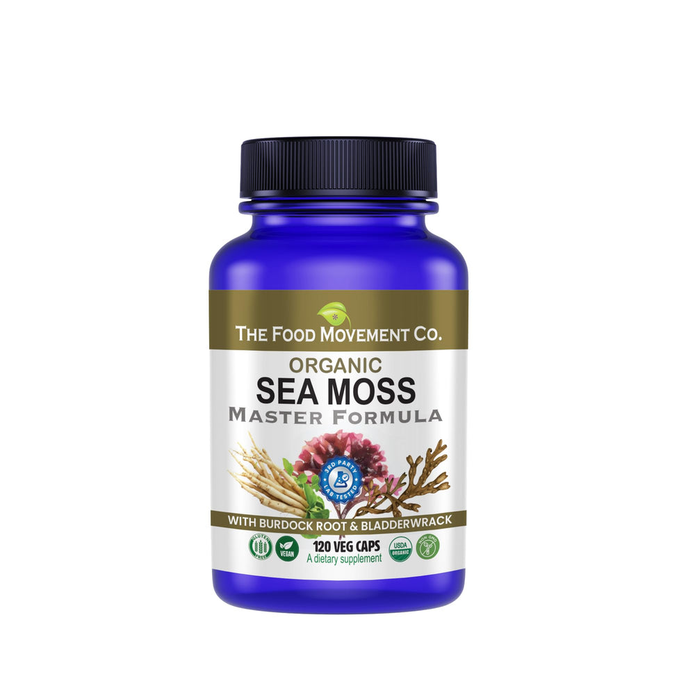 The Food Movement Co. Sea Moss Master Formula bottle supports digestion and immune vitality.
