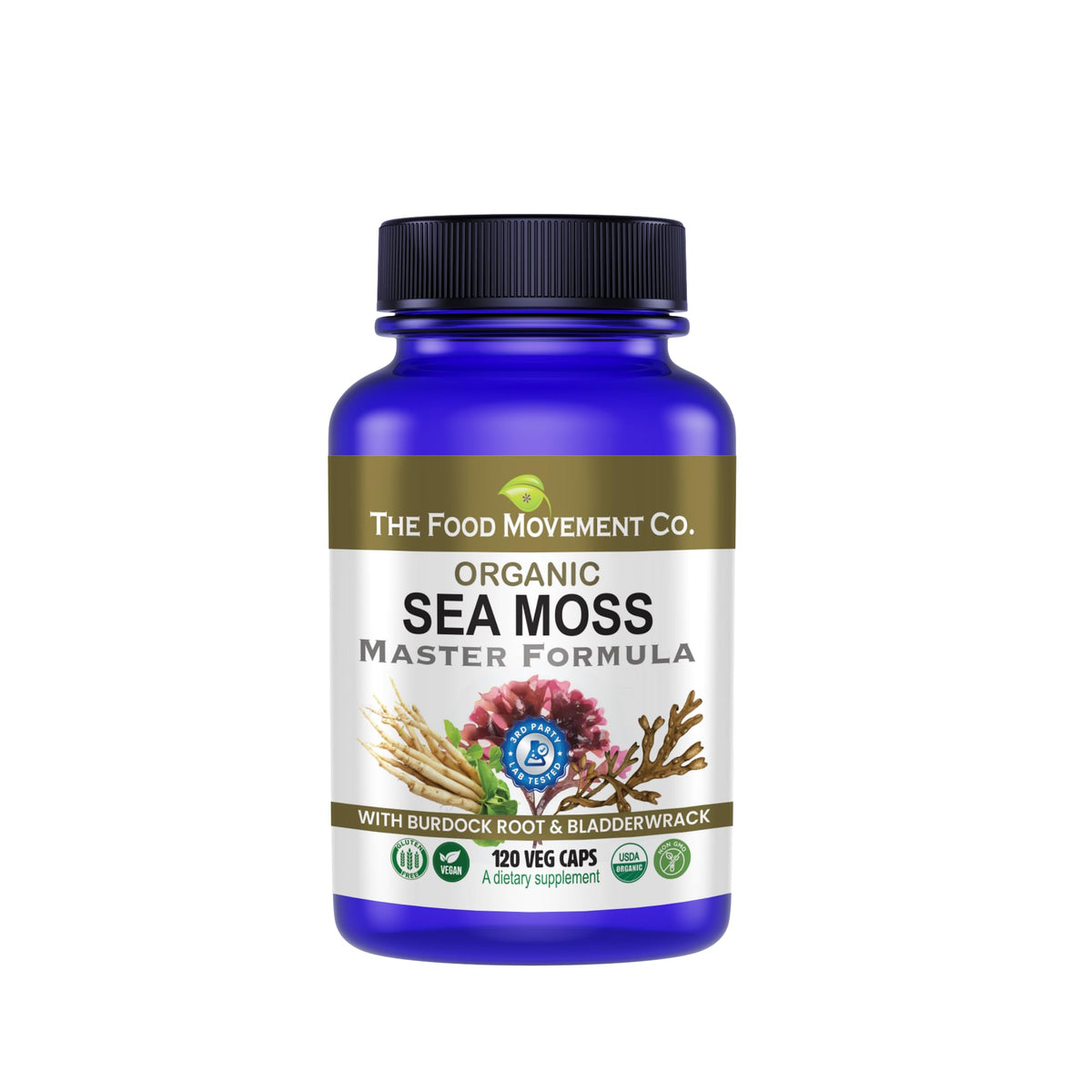 The Food Movement Co. Sea Moss Master Formula bottle supports digestion and immune vitality.