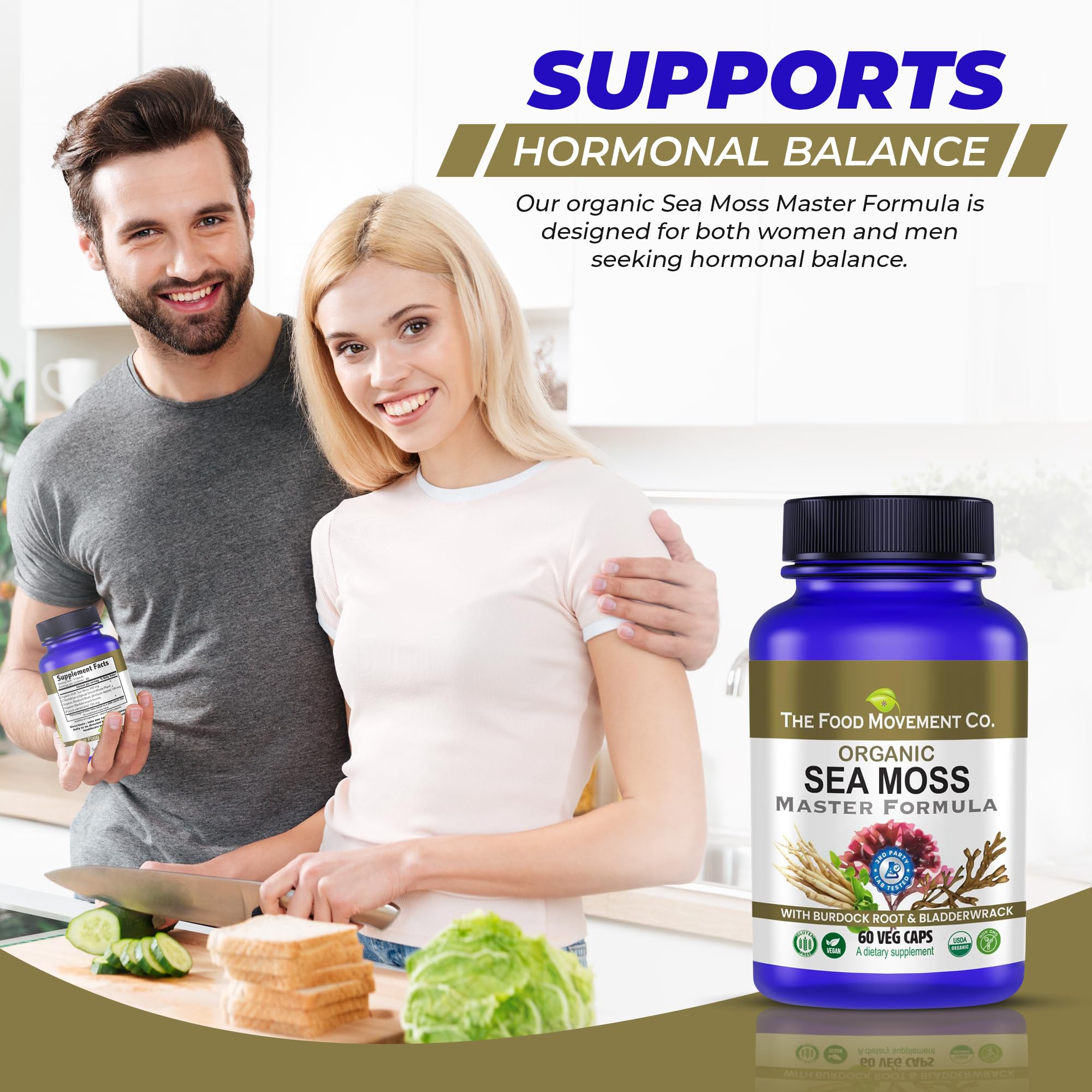 The Food Movement Co. Sea Moss Master Formula burdock root illustration evokes vitality for daily wellness.