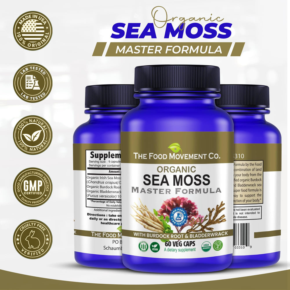 The Food Movement Co. Sea Moss Master Formula close-up sea moss texture hints purity.