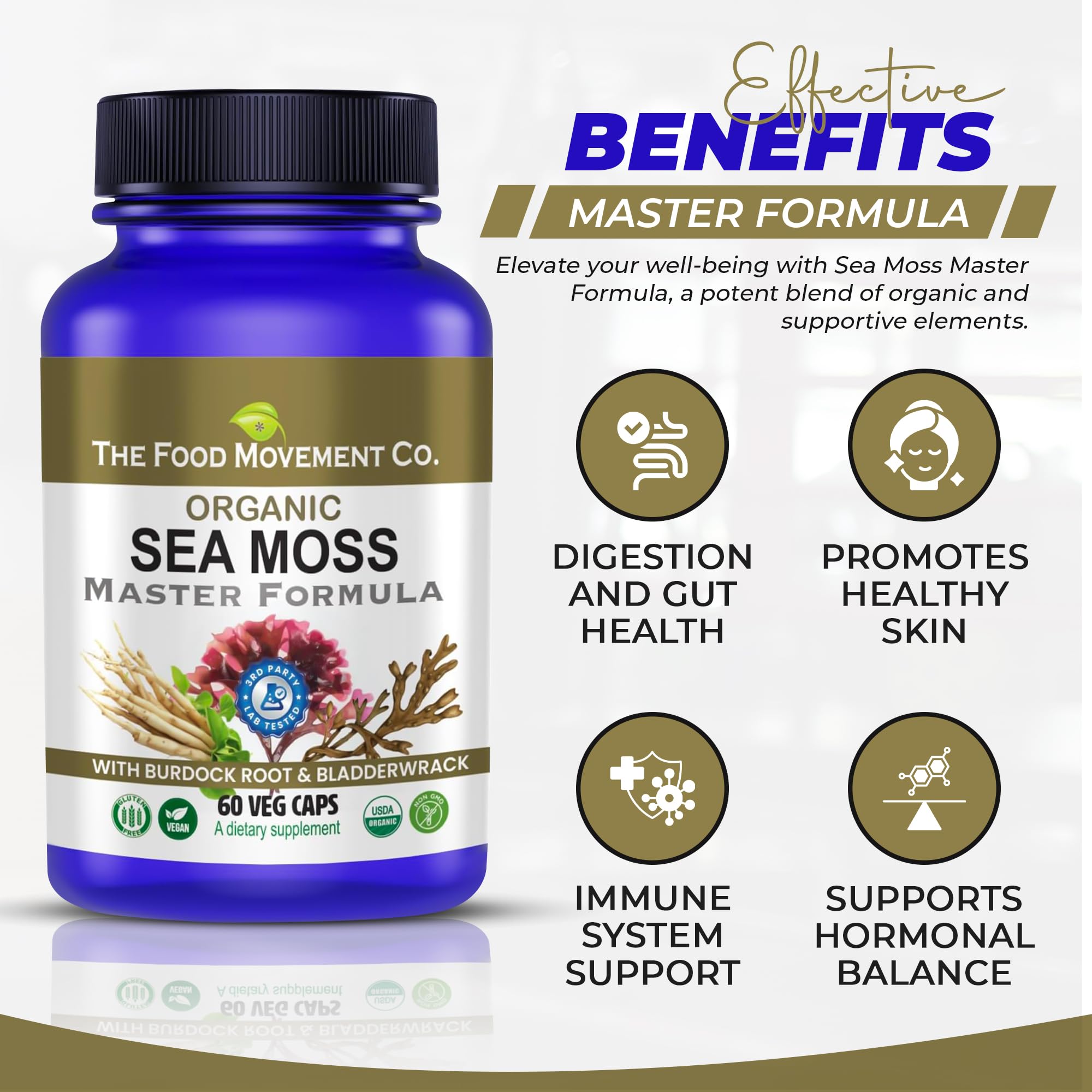 The Food Movement Co. Sea Moss Master Formula ingredients list emphasizes organic seaweed blends.