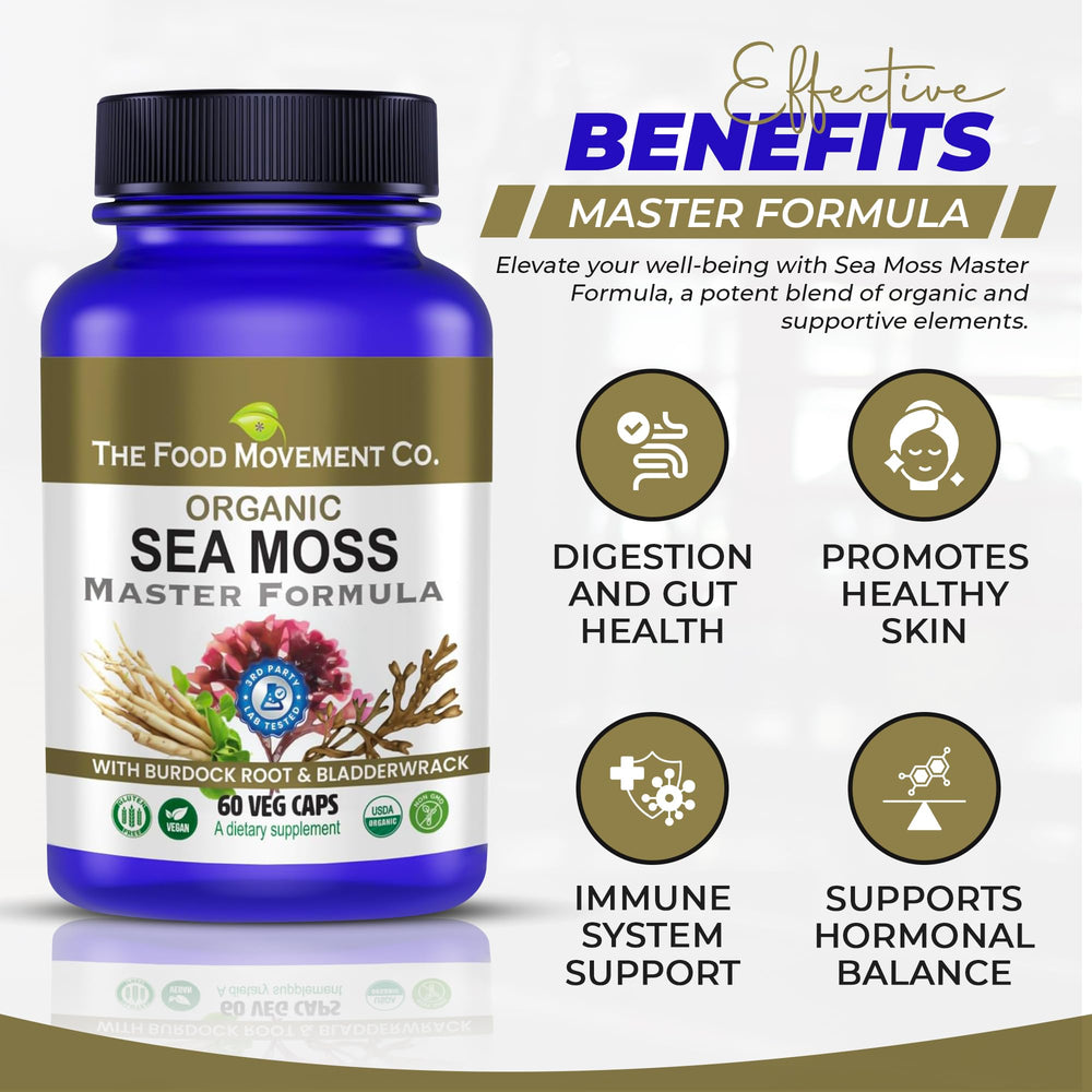 The Food Movement Co. Sea Moss Master Formula ingredients list emphasizes organic seaweed blends.