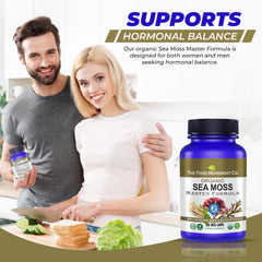 The Food Movement Co. Sea Moss Master Formula label front highlights organic ingredients.