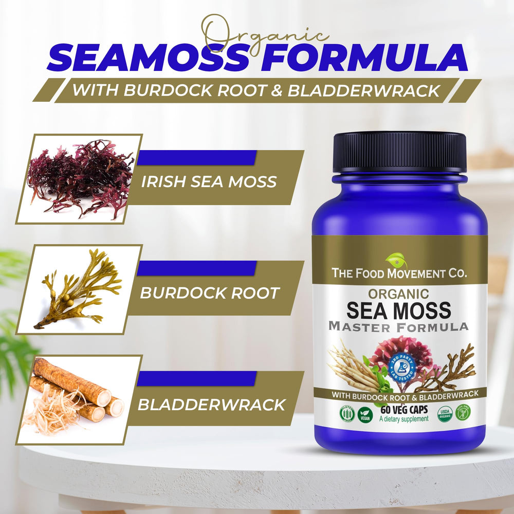 The Food Movement Co. Sea Moss Master Formula packaging communicates an eco-conscious design.