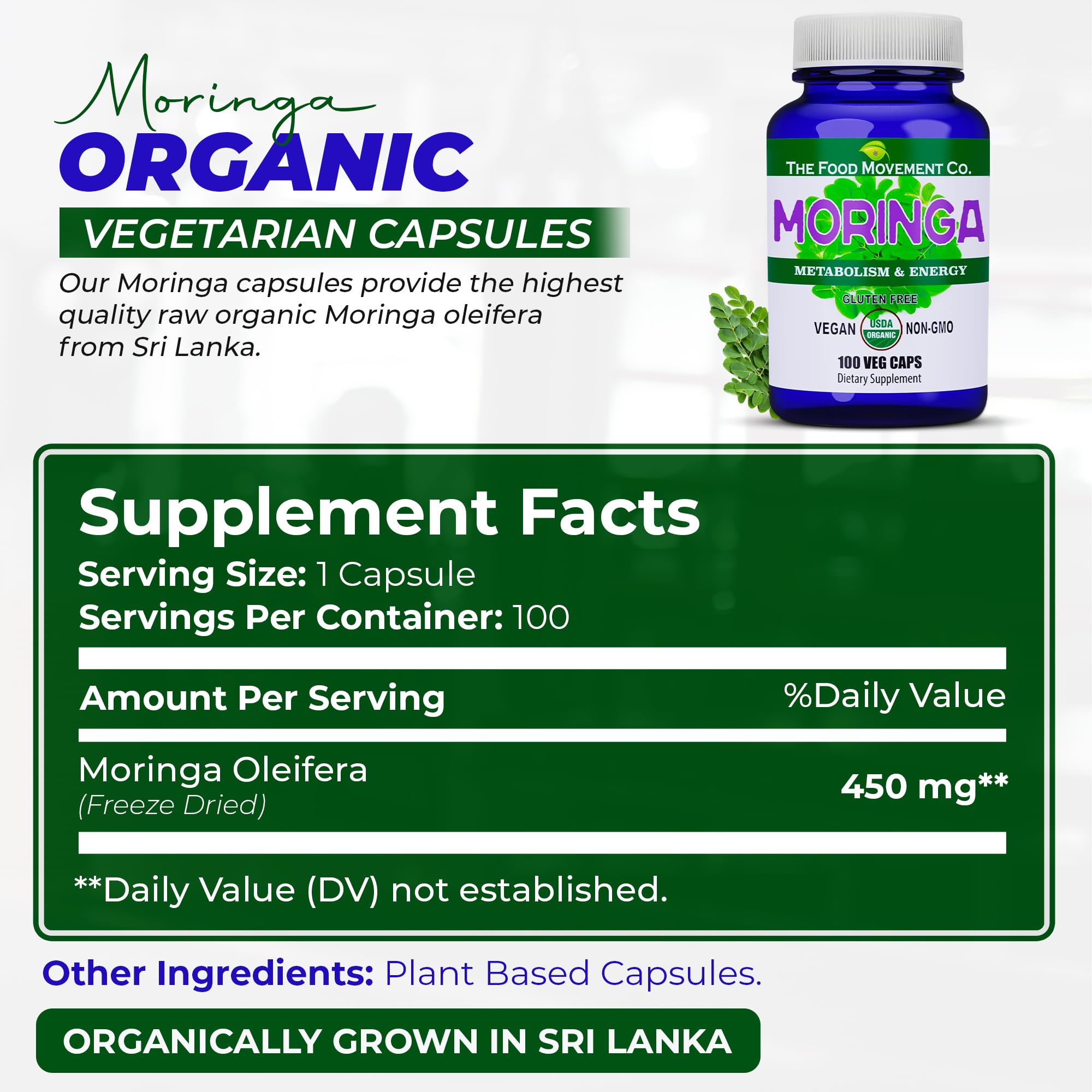The Food Movement Co Vegan moringa capsules for daily vitality