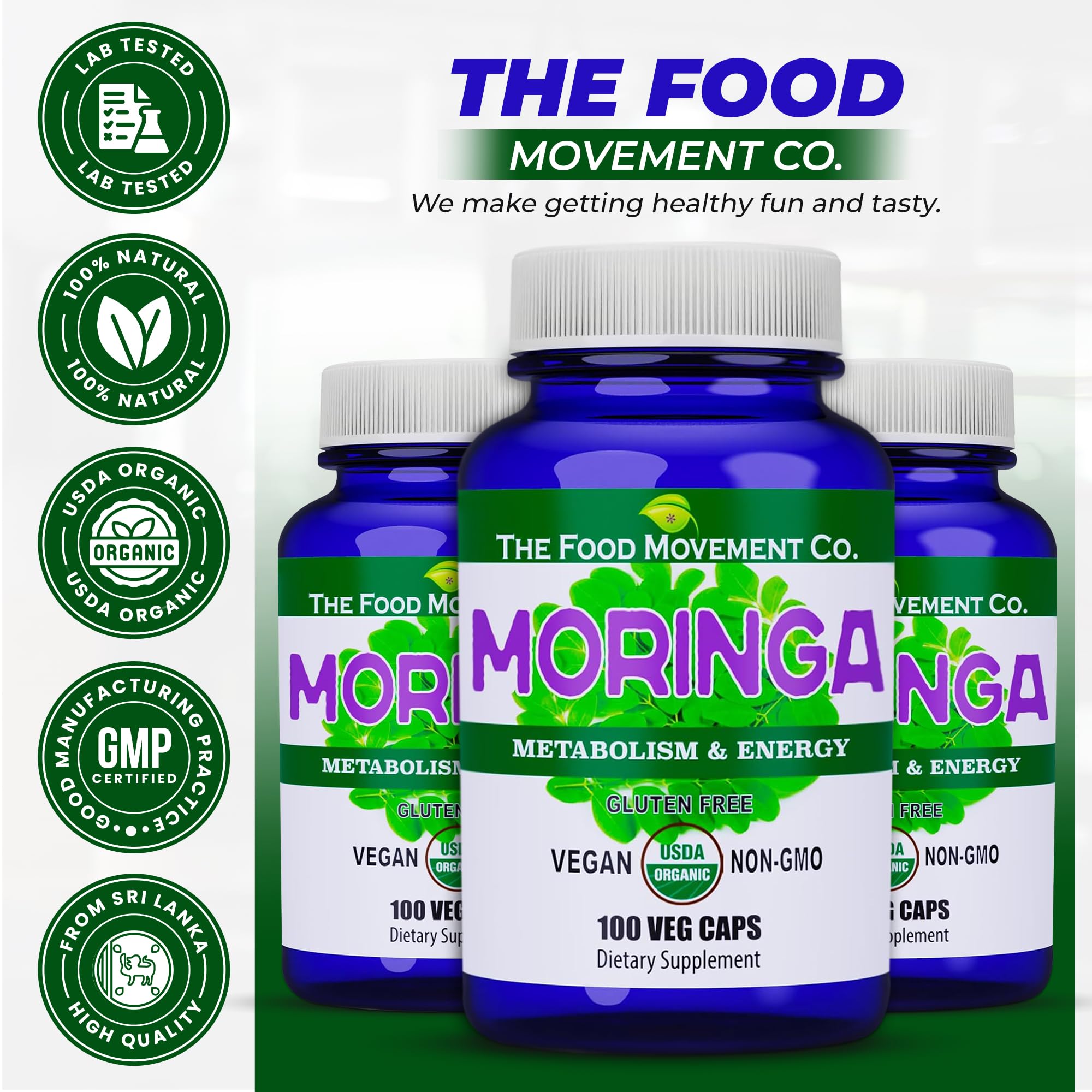 The Food Movement Co Moringa capsules on kitchen counter for daily use